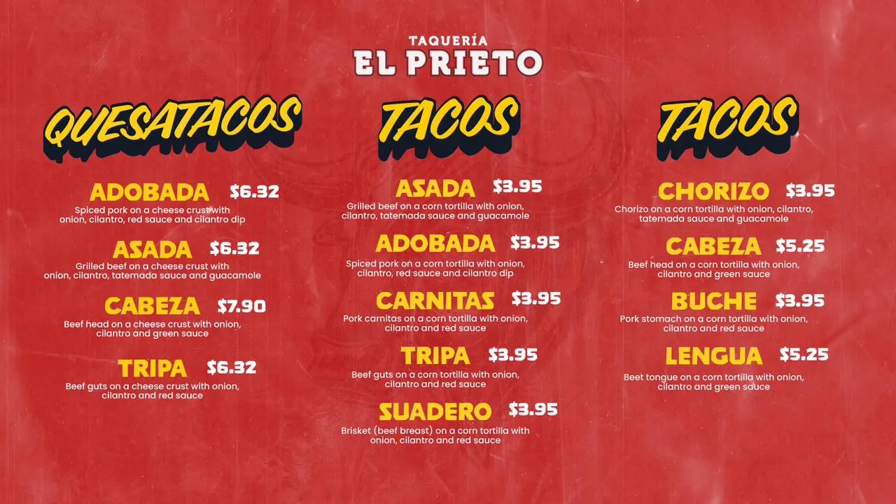 Taqueria By El Prieto menu and taco prices